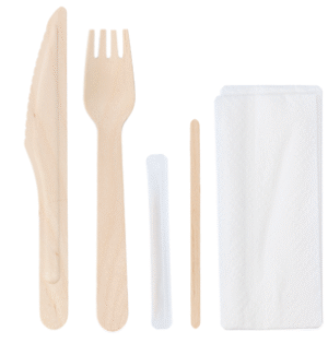 Bestickset Trä kniv, gaffel, servett & salt